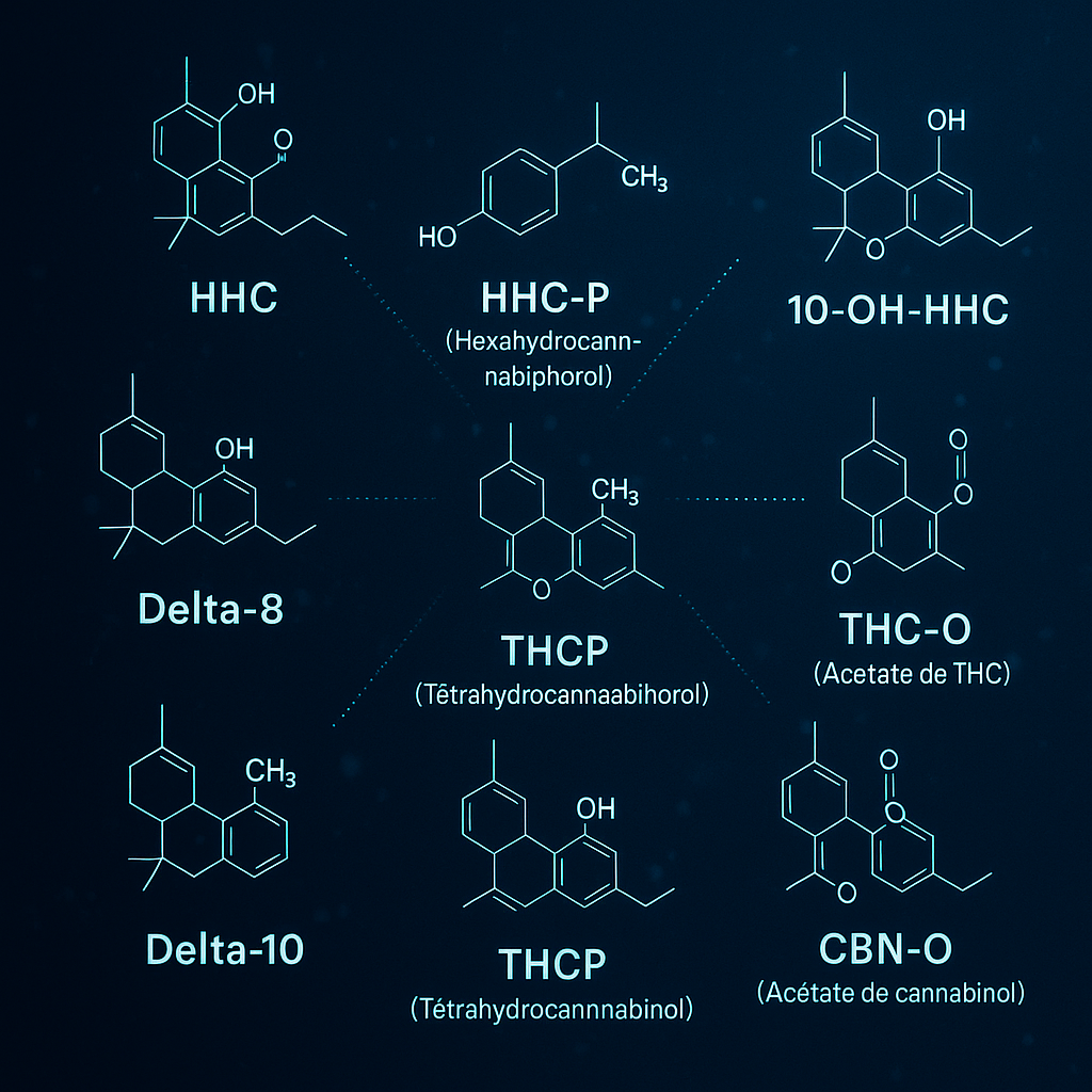 Cannabinoïdes puissants / semi-synthétiques → HHC, HHC-P, 10-OH-HHC, THC-O, Delta-8, Delta-10, THCP, CBN-O